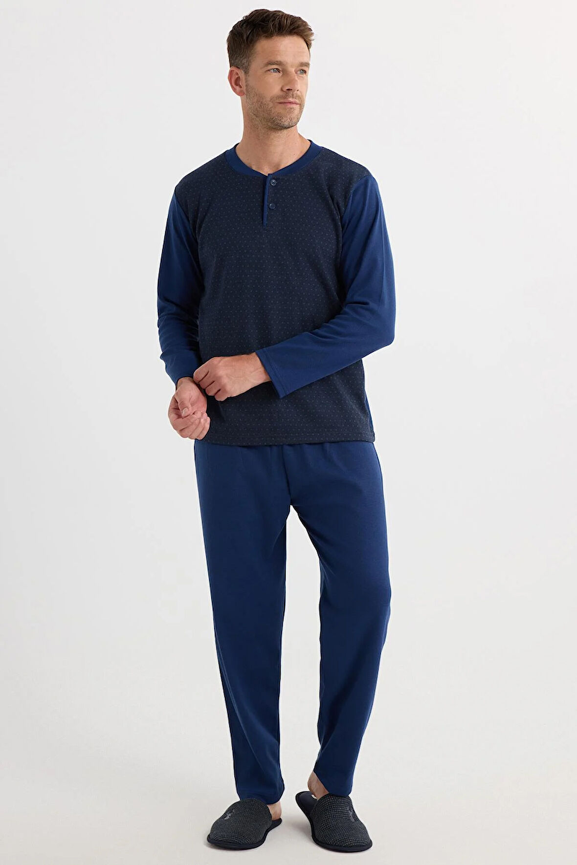 Erkek Regular Fit Pamuklu Düğmeli Yaka Beli Lastikli Desenli İndigo Pijama Takımı