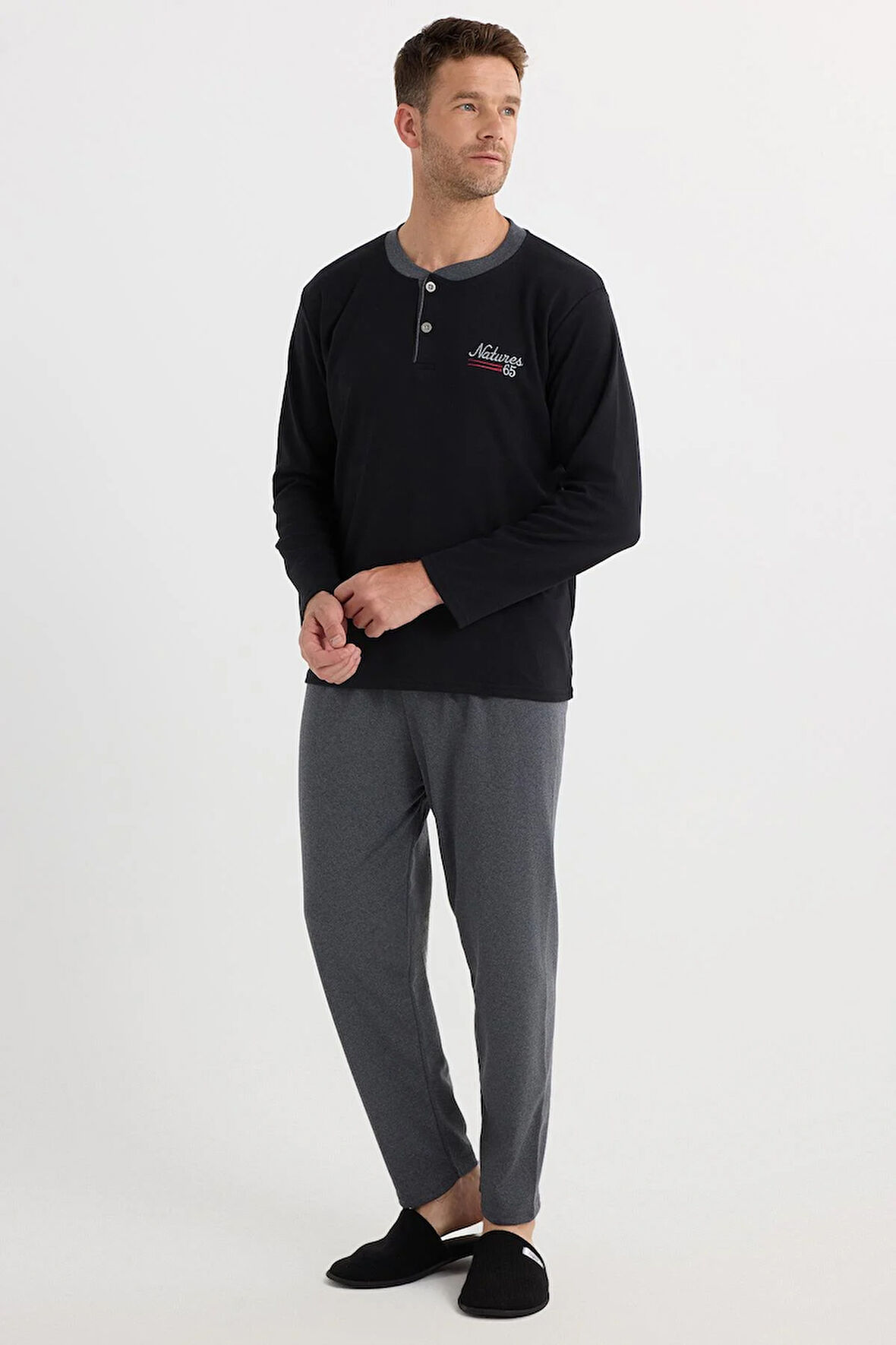 Erkek Regular Fit Pamuklu Düğmeli Yaka Beli Lastikli Desenli Gri Pijama Takımı