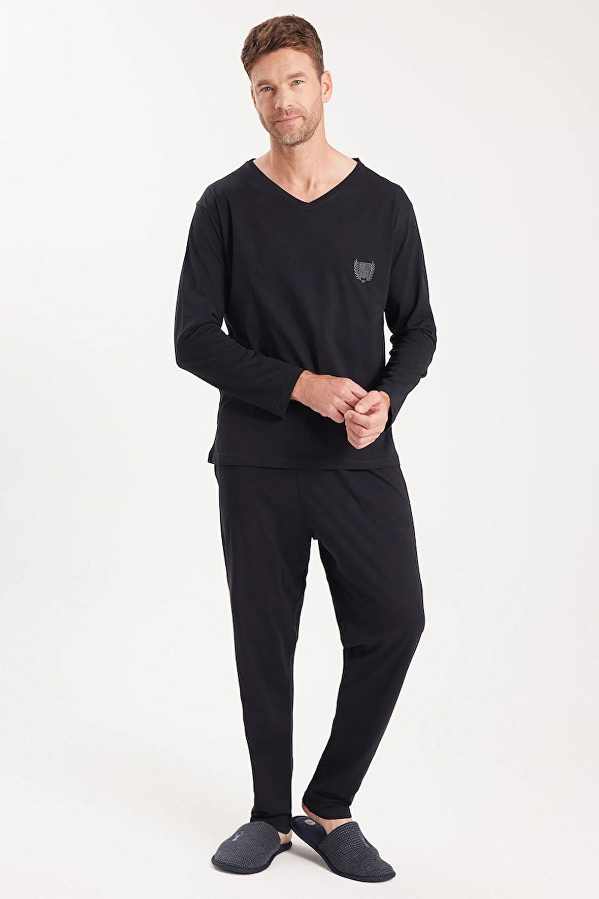 Erkek Standart Fit %100 Pamuk V Yaka Beli Lastikli Siyah Pijama Takımı