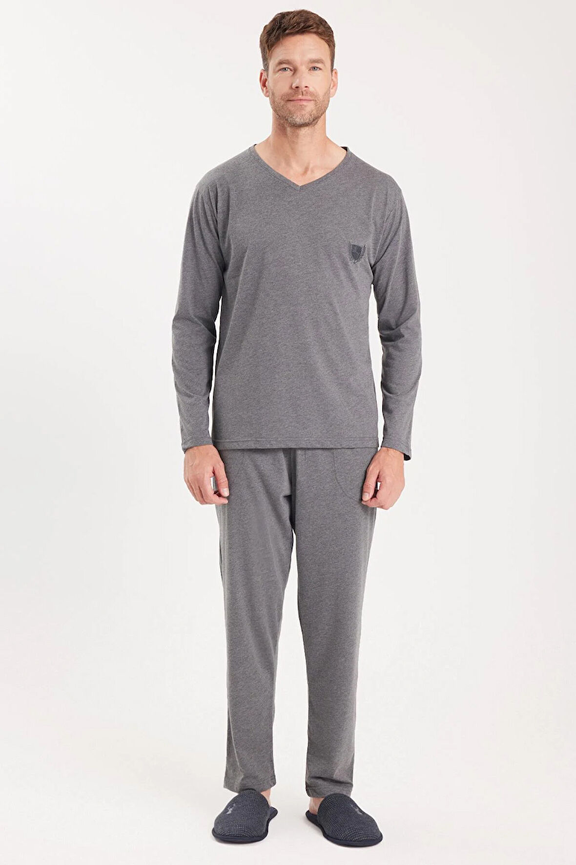 Erkek Standart Fit %100 Pamuk V Yaka Beli Lastikli Gri Pijama Takımı