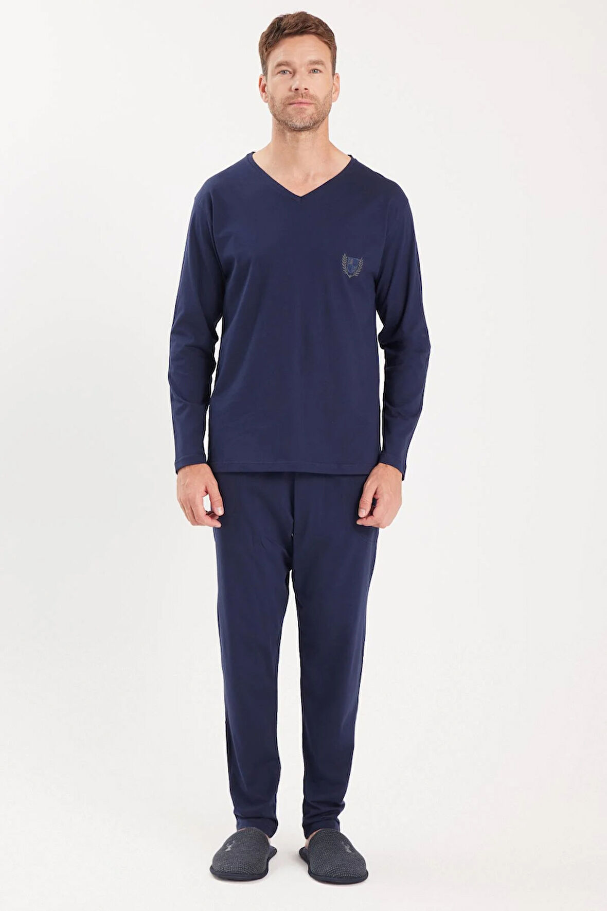 Erkek Standart Fit %100 Pamuk V Yaka Beli Lastikli Lacivert Pijama Takımı