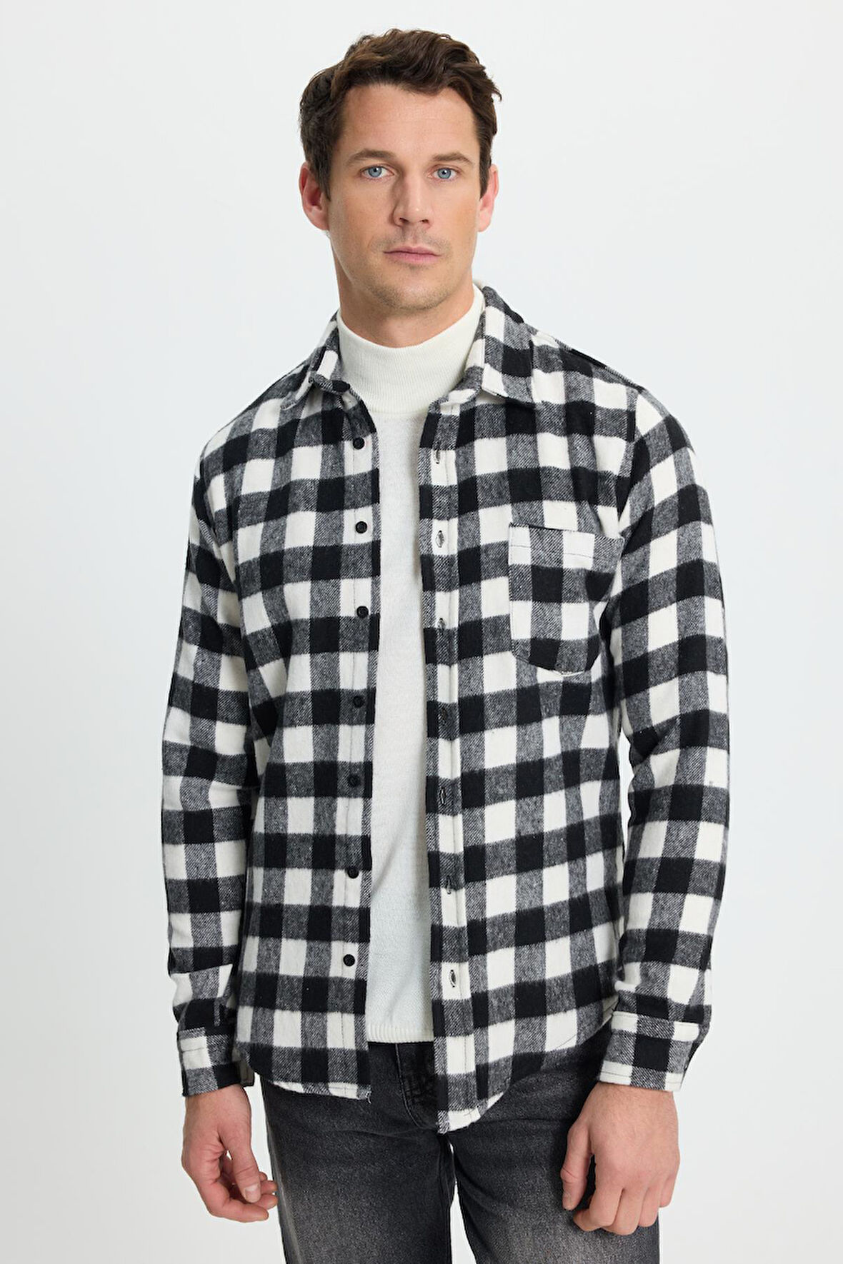 Erkek Slim Fit Dar Kesim Uzun Kollu Cepli Kareli Dama Desenli Kışlık Oduncu Gömlek