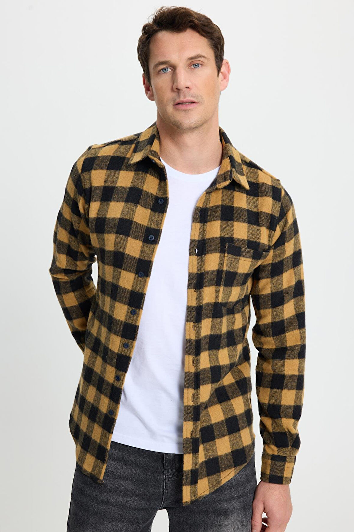 Erkek Slim Fit Dar Kesim Uzun Kollu Cepli Kareli Dama Desenli Kışlık Oduncu Gömlek