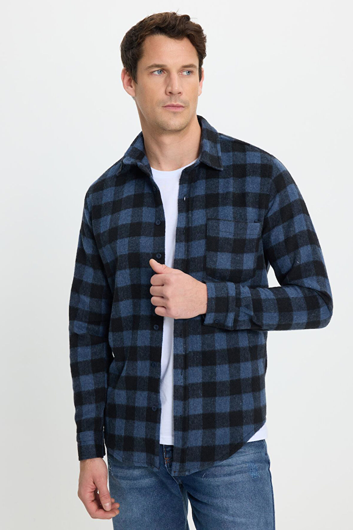 Erkek Slim Fit Dar Kesim Uzun Kollu Cepli Kareli Dama Desenli Kışlık Oduncu Gömlek