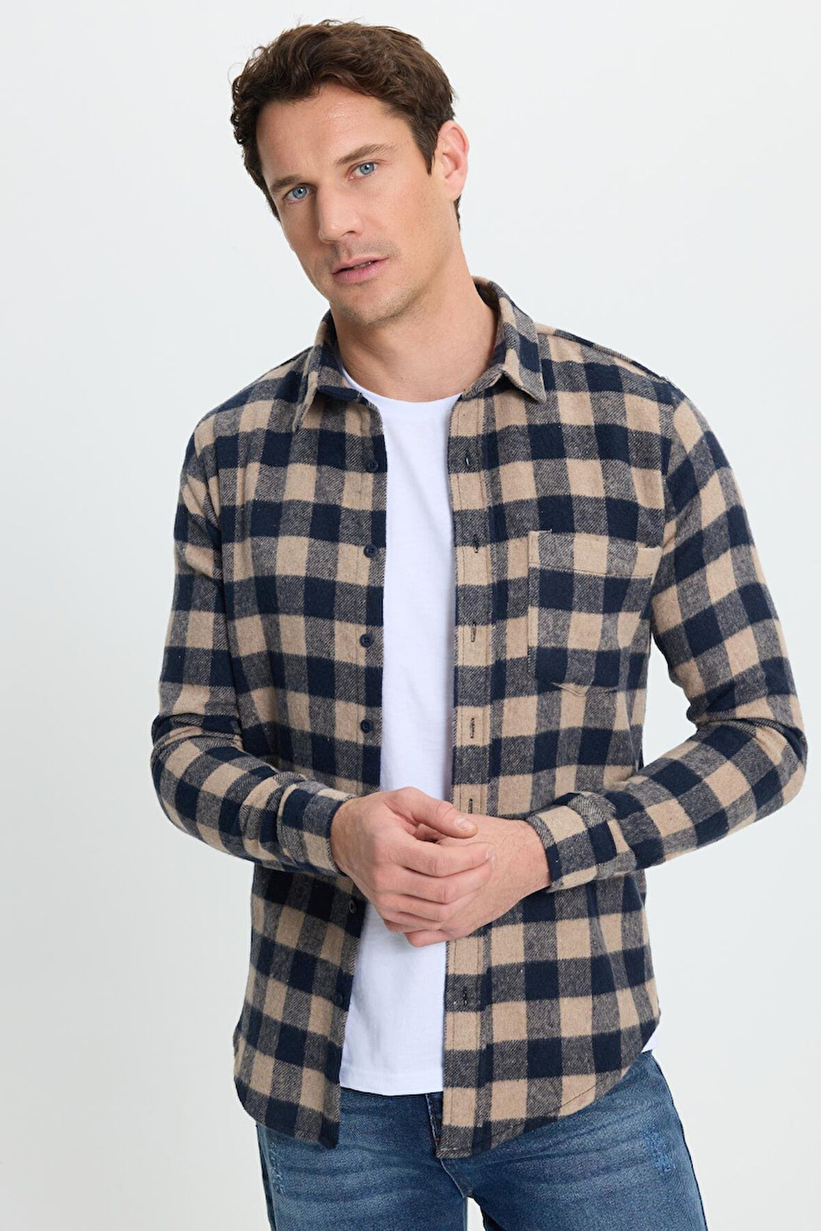 Erkek Slim Fit Dar Kesim Uzun Kollu Cepli Kareli Dama Desenli Kışlık Oduncu Gömlek