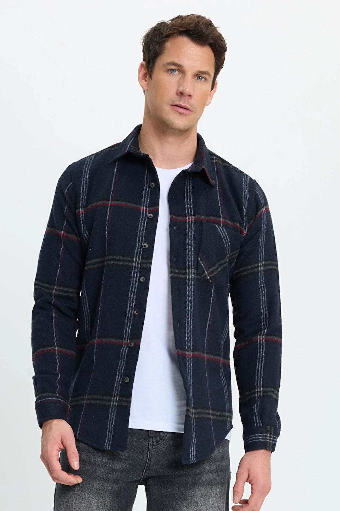 Erkek Slim Fit Dar Kesim Kareli Cepli Siyah Oduncu Gömlek