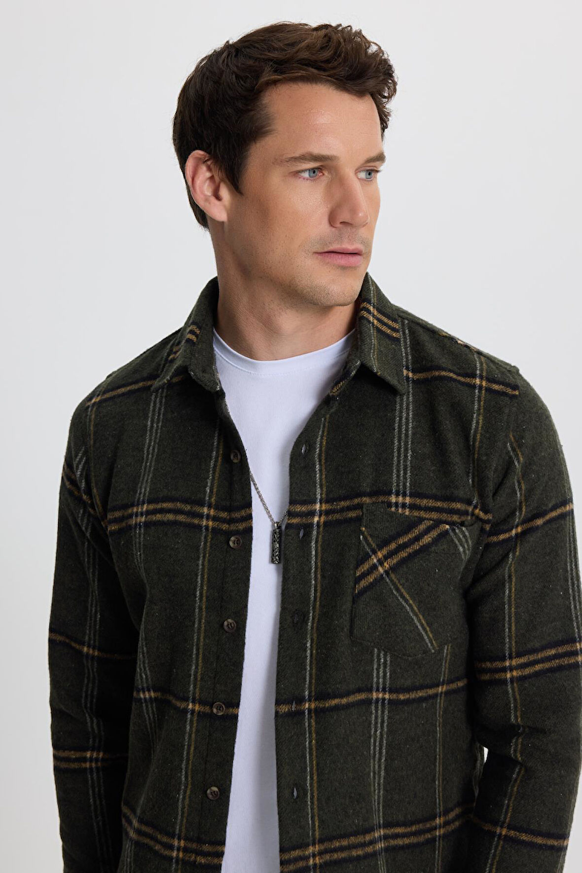 Erkek Slim Fit Dar Kesim Kareli Cepli Haki Oduncu Gömlek