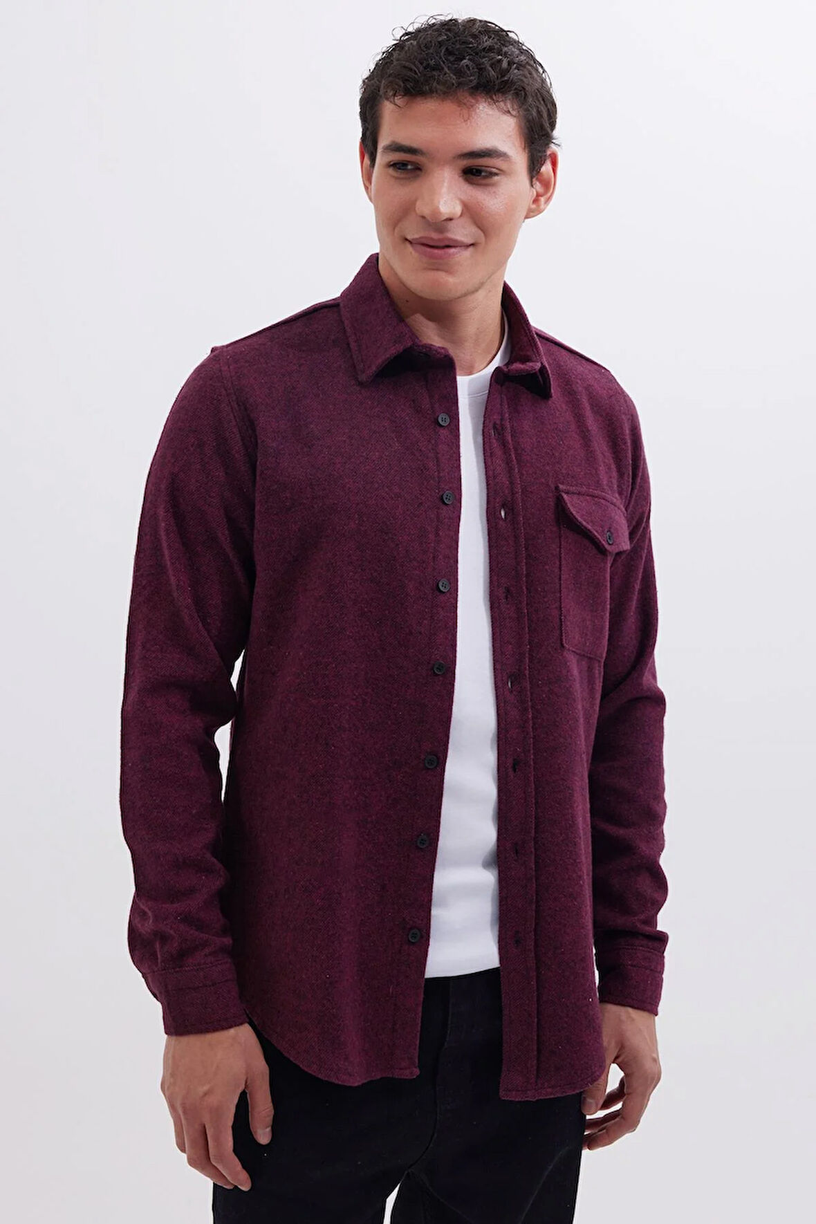 Erkek Slim Fit Tek Cep Kapaklı Düz Oduncu Spor Bordo Gömlek