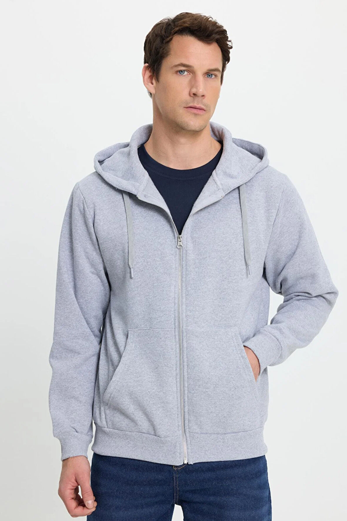 Unisex Relax Fit Rahat Kesim Pamuklu İçi Polarlı Çift Cepli Tam Fermuarlı Gri Kapüşonlu Sweatshirt