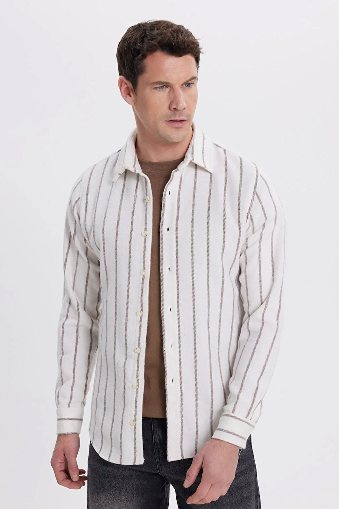 Erkek Slim Fit Dar Kesim Yaka  Düğmeli Çizgili Oduncu Gömlek