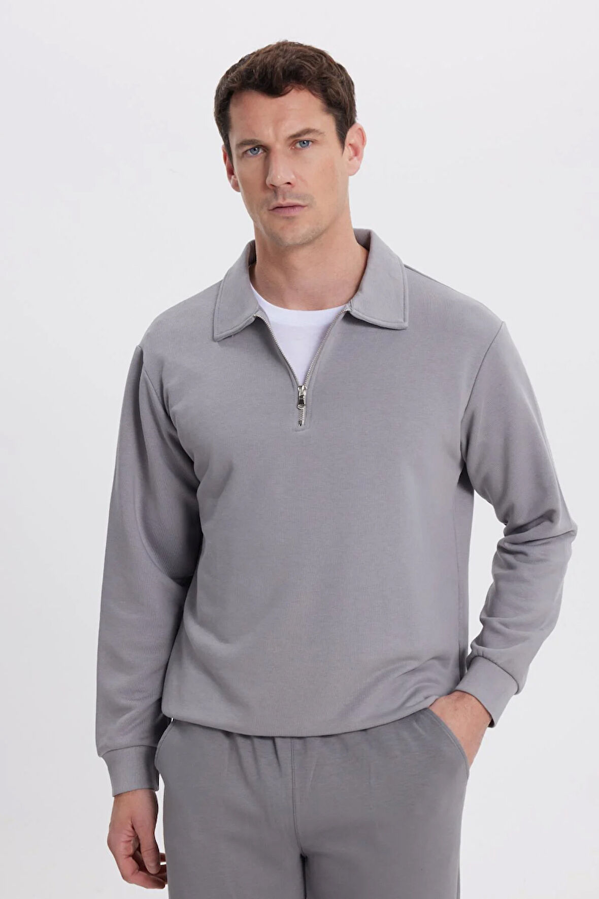 Erkek Relax Fit Rahat Kesim Pamuklu 3 İplik Fermuarlı Polo Yaka Gri Sweatshirt