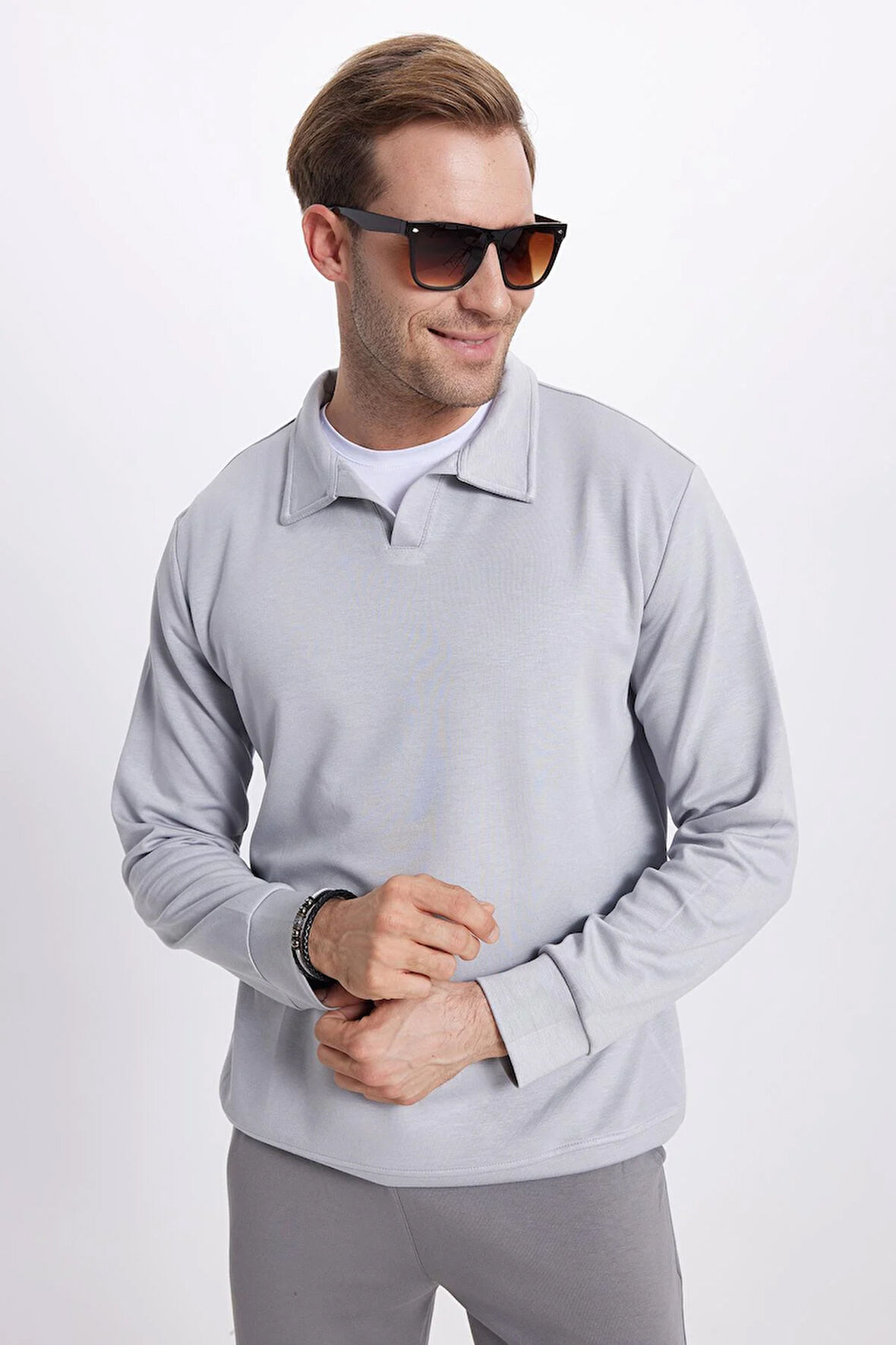 Erkek Relax Fit Rahat Kesim Polo V Yaka Gri Sweatshirt