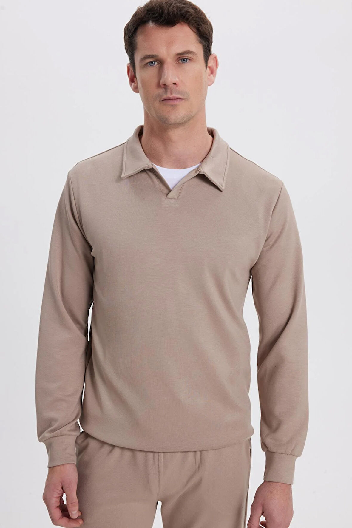 Erkek Relax Fit Rahat Kesim Polo V Yaka Vizon Sweatshirt