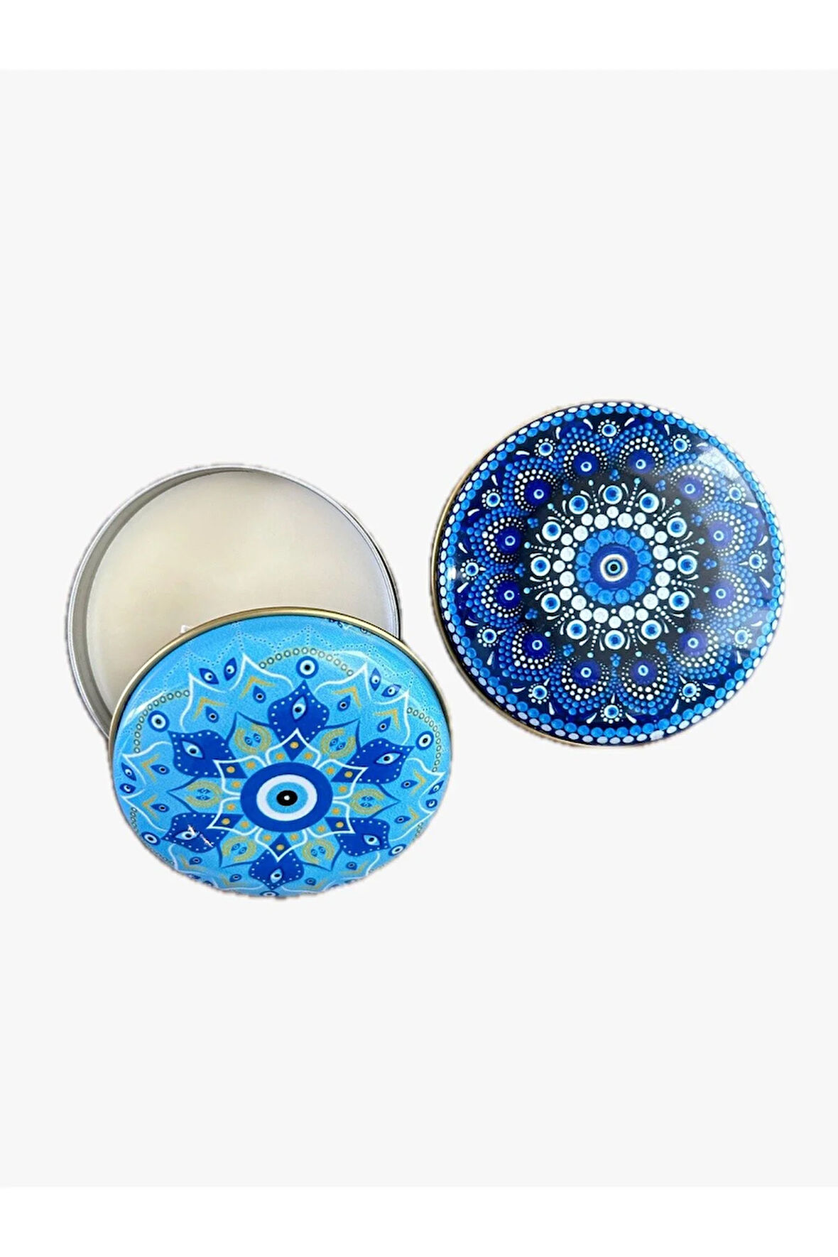 NAZAR BONCUK TEMALI 2 ADET VANİLYA AROMALI MUMLU DOMBELİ METAL KUTU