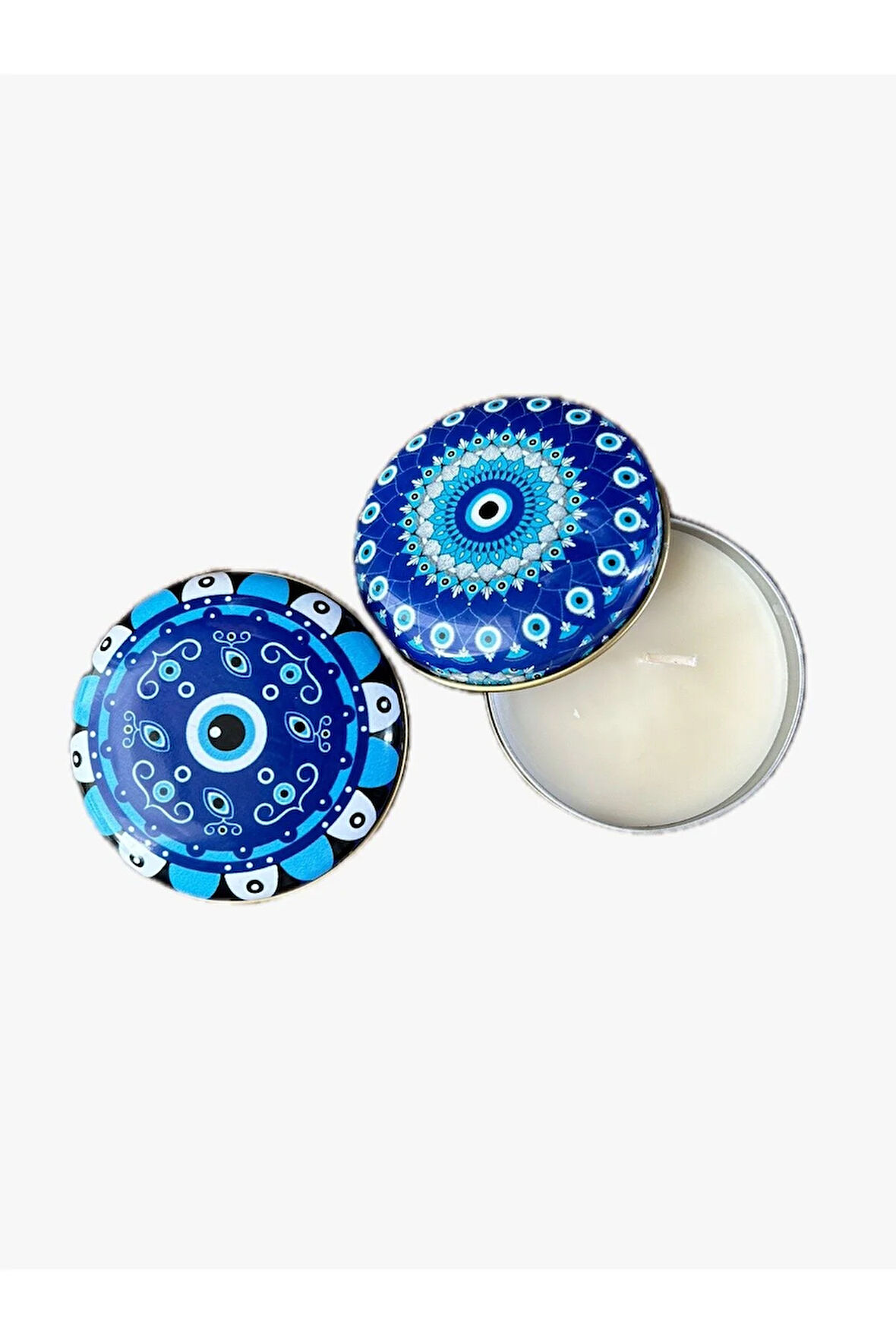 NAZAR BONCUK TEMALI 2 ADET VANİLYA AROMALI MUMLU DOMBELİ METAL KUTU