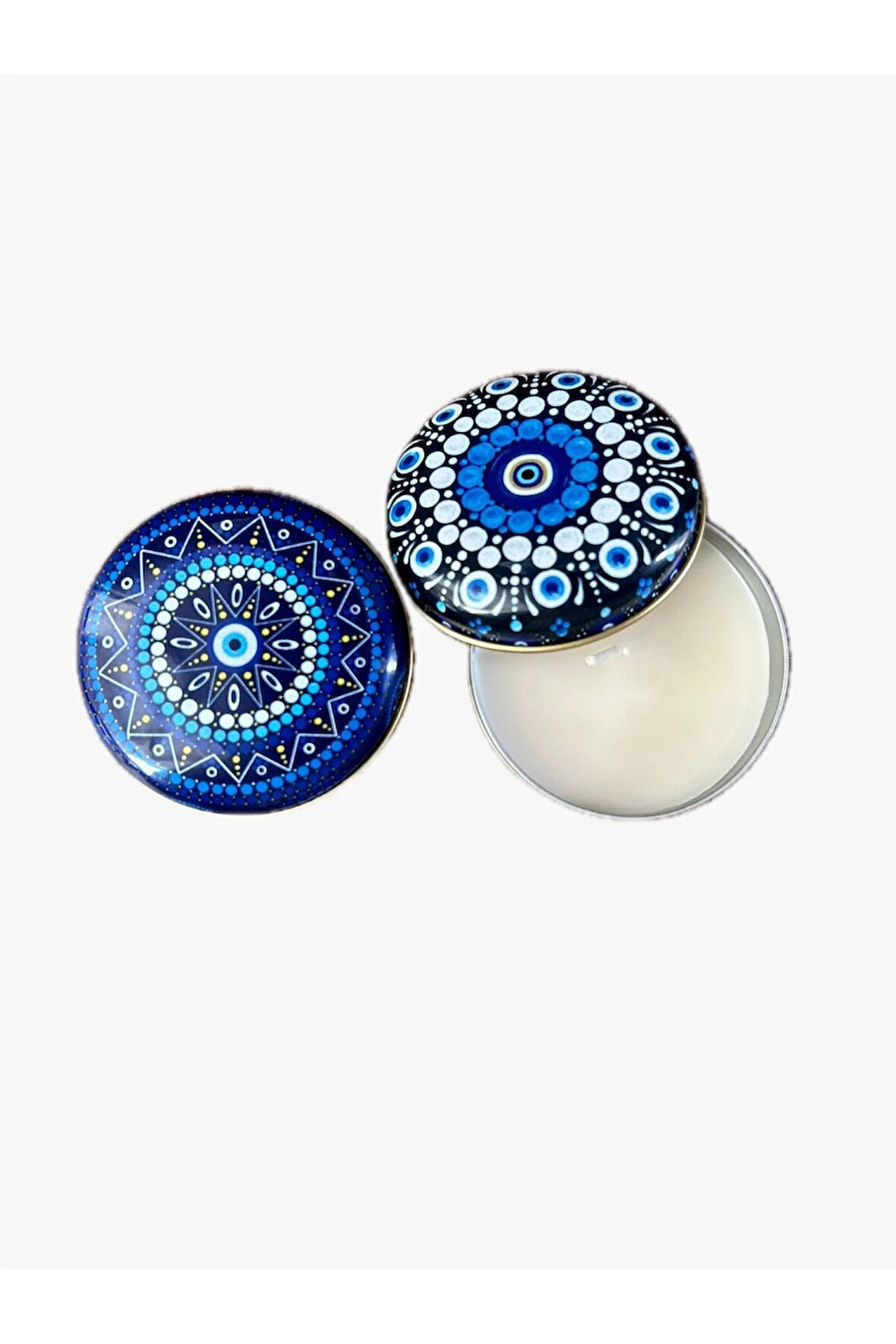 NAZAR BONCUK TEMALI 2 ADET VANİLYA AROMALI MUMLU DOMBELİ METAL KUTU