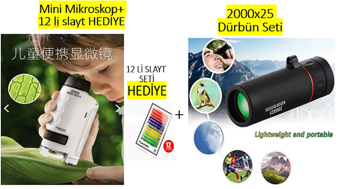 Çocuklar için Eğitici 2 li set -Işıklı Minİ Cep Boy Zoomlu El Mikroskop Seti + 2000x25 Mini El Dürbünü (Başlangıç Seti)