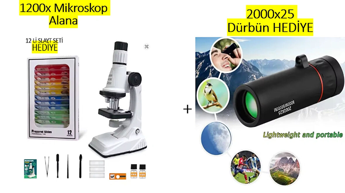 Eğitici Çocuklar için 1200X Mikroskop Alana+ 2000x El Dürbünü HEDİYE (Zoomlu Led ışıklı Aksesuarlı Mikroskop Seti- 12'li örnek seti HEDİYE)
