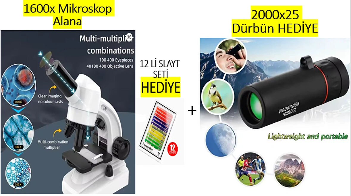 1600X Mobil Uyumlu Mobil Telefon tutuculu 2 Led ışıklı Aksesuarlı 12'li örnek seti HEDİYELİ Mikroskop Seti + 2000X25 Dürbün HEDİYE