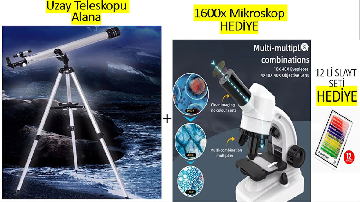 900-60 Teleskop Alana+1600x Mobil Mikroskop HEDİYE( Telefon tutuculu led ışıklı Ayrıca 12 örnek slaytlı Mikroskop Seti) (Profesyonel 675 Kat Yakınlaştırmalı Mars,Venüs,Jupiter,Satürn,Merkür,Ay Uzay, Gezegen gözlemi teleskobu)