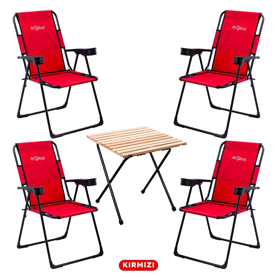 4 Adet Katlanır Kamp Sandalyesi ve Masa Seti - Rest - Kırmızı - 130 KG Taşıma