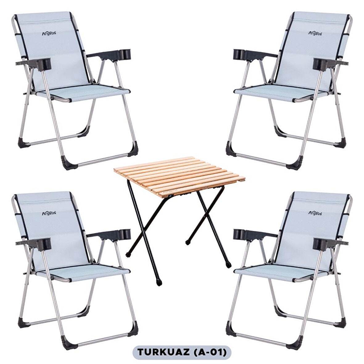 4 Adet Katlanabilir Kamp Sandalyesi ve Masa Seti - Rock - Turkuaz (A-01) - Bardaklıklı - 140 KG Taşıma