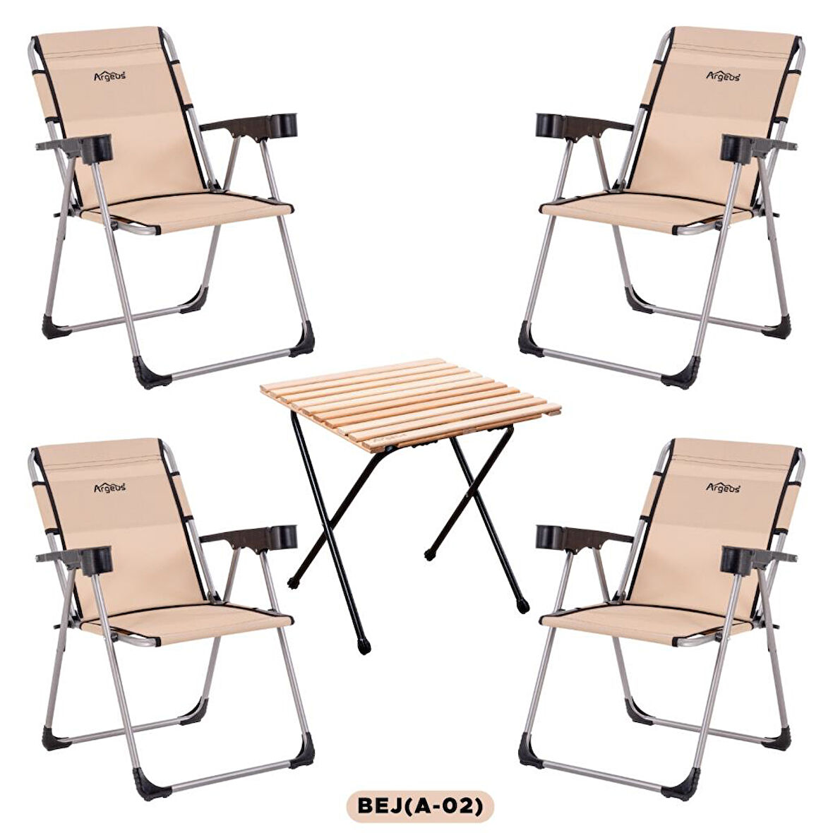4 Adet Katlanabilir Kamp Sandalyesi ve Masa Seti - Rock - Bej (A-02) - Bardaklıklı - 140 KG Taşıma
