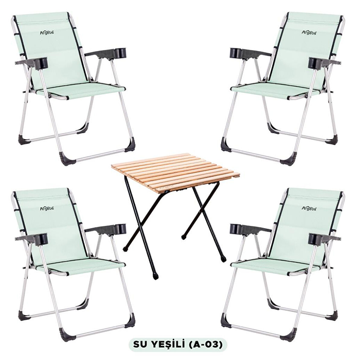 4 Adet Katlanabilir Kamp Sandalyesi ve Masa Seti - Rock - Su Yeşili (A-03) - Bardaklıklı - 140 KG Taşıma