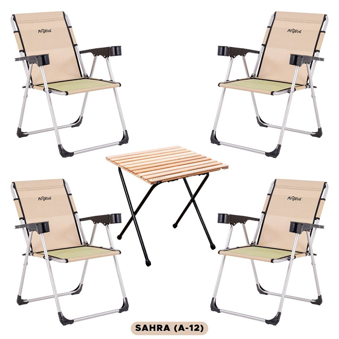 4 Adet Katlanabilir Kamp Sandalyesi ve Masa Seti - Rock - Sahra (A-12) - Bardaklıklı - 140 KG Taşıma