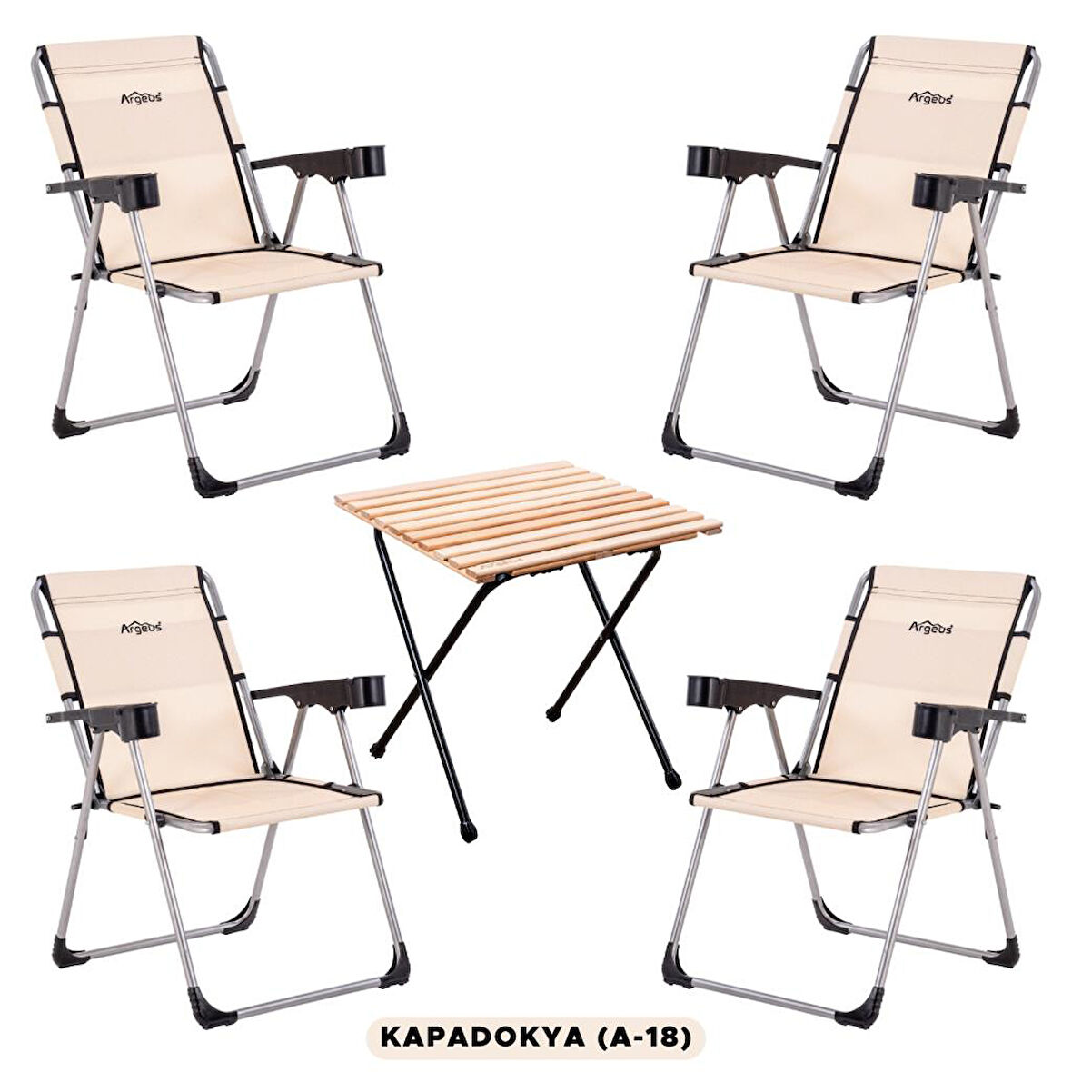 4 Adet Katlanabilir Kamp Sandalyesi ve Masa Seti - Rock - Kapadokya (A-18) - Bardaklıklı - 140 KG Taşıma