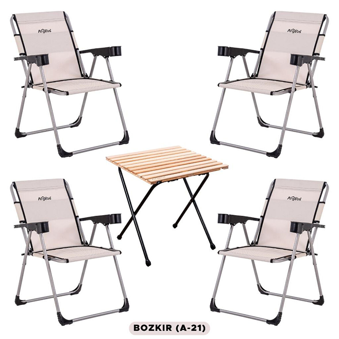 4 Adet Katlanabilir Kamp Sandalyesi ve Masa Seti - Rock - Bozkır (A-21) - Bardaklıklı - 140 KG Taşıma