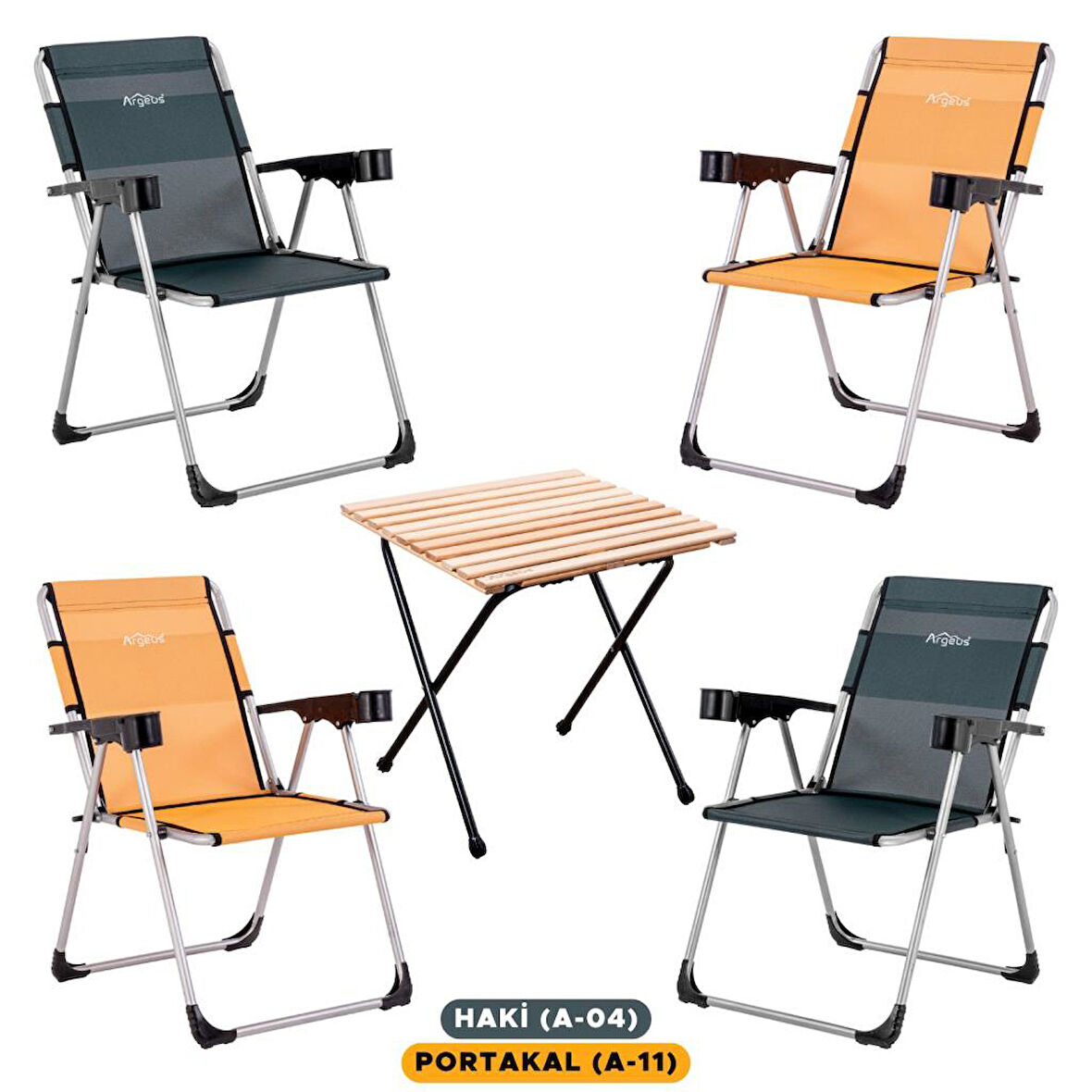 4 Adet Katlanır Kamp Sandalyesi ve Masa Seti - Rock - Haki / Portakal - Bardaklıklı - 140 KG