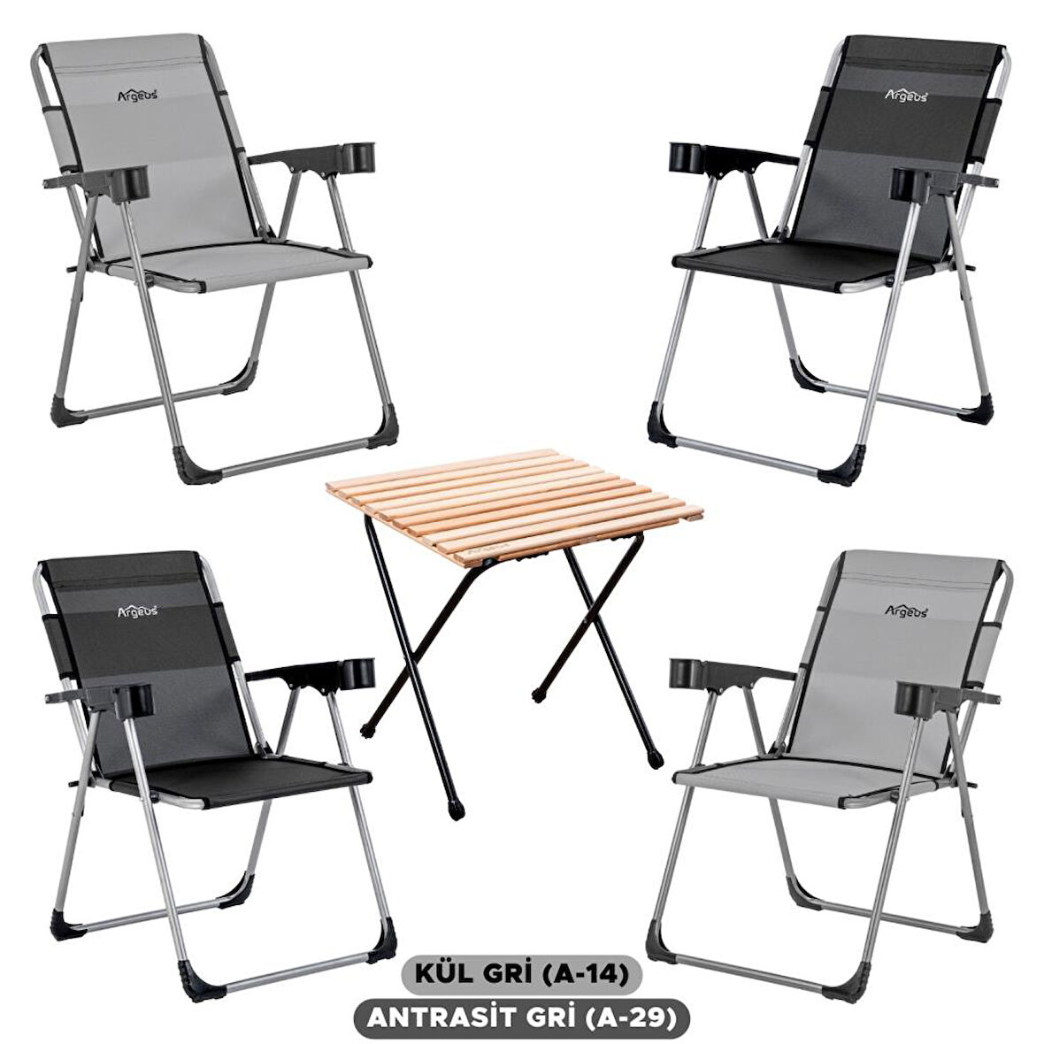 4 Adet Katlanır Kamp Sandalyesi ve Masa Seti - Rock - Kül Gri / Antrasit - Bardaklıklı - 140 KG