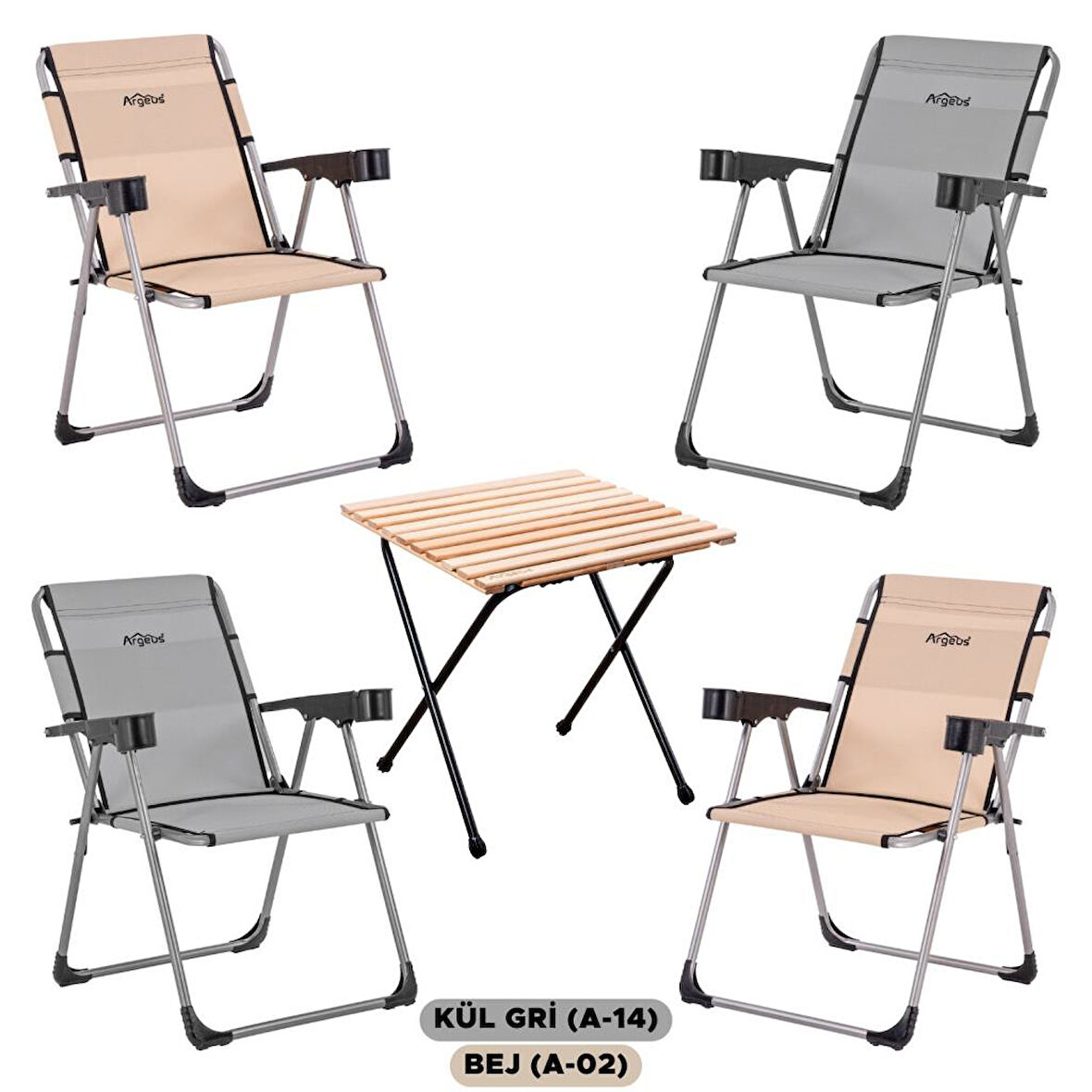 4 Adet Katlanır Kamp Sandalyesi ve Masa Seti - Rock - Kül Gri / Bej - Bardaklıklı - 140 KG