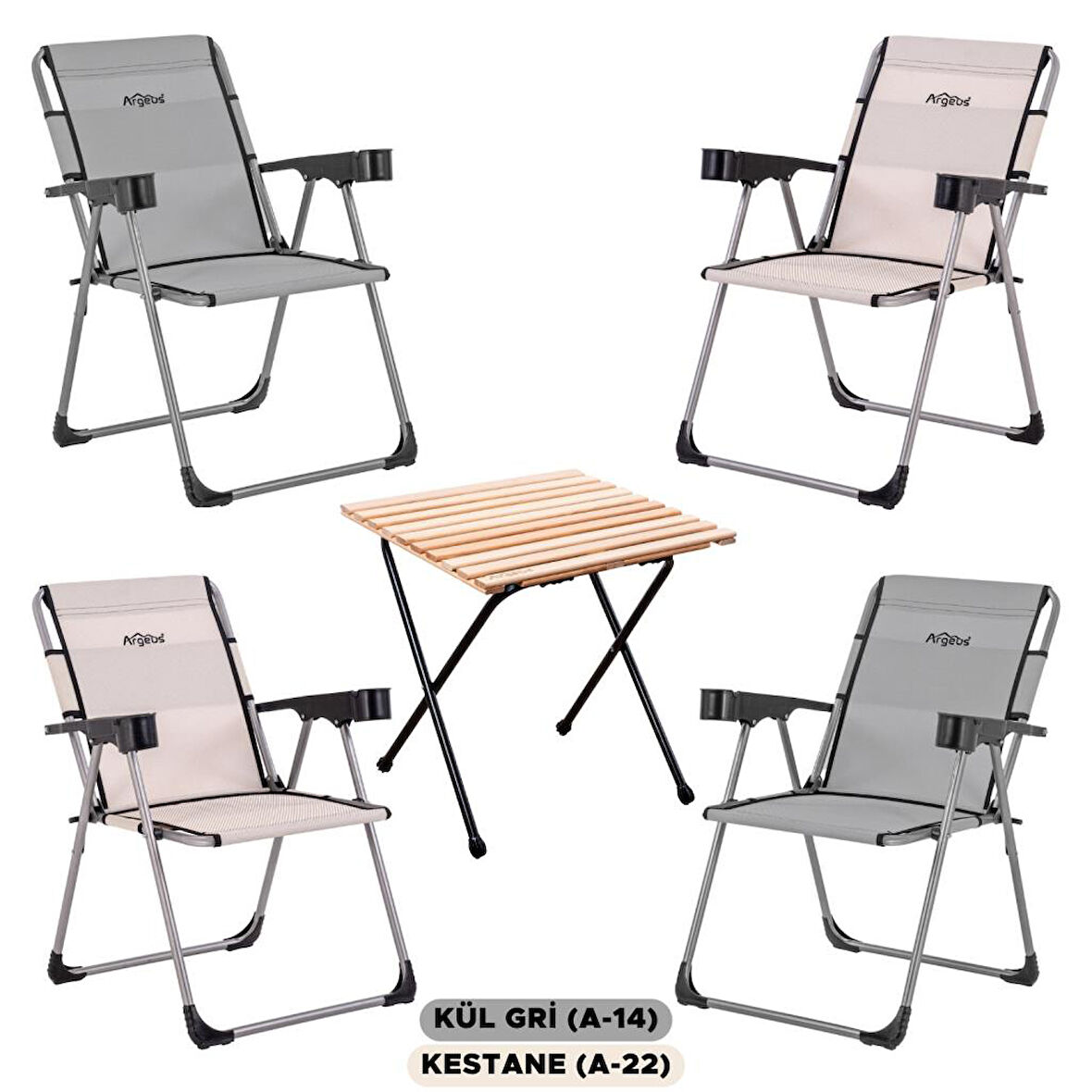 4 Adet Katlanır Kamp Sandalyesi ve Masa Seti - Rock - Kül Gri / Kestane - Bardaklıklı - 140 KG