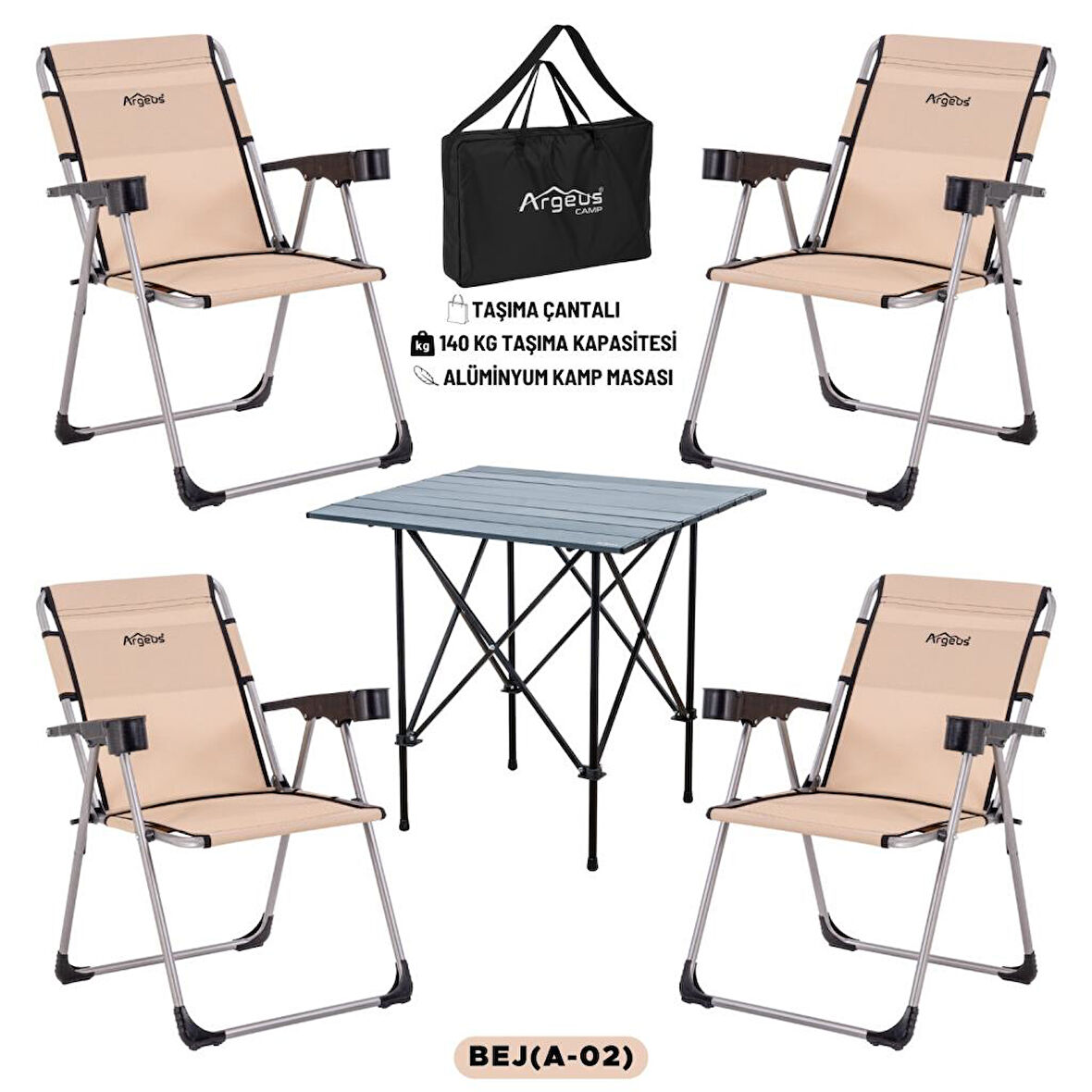 4 Adet Katlanır Kamp Sandalyesi ve Alüminyum Masa Seti - Rock Dark - Bej - Taşıma Çantalı