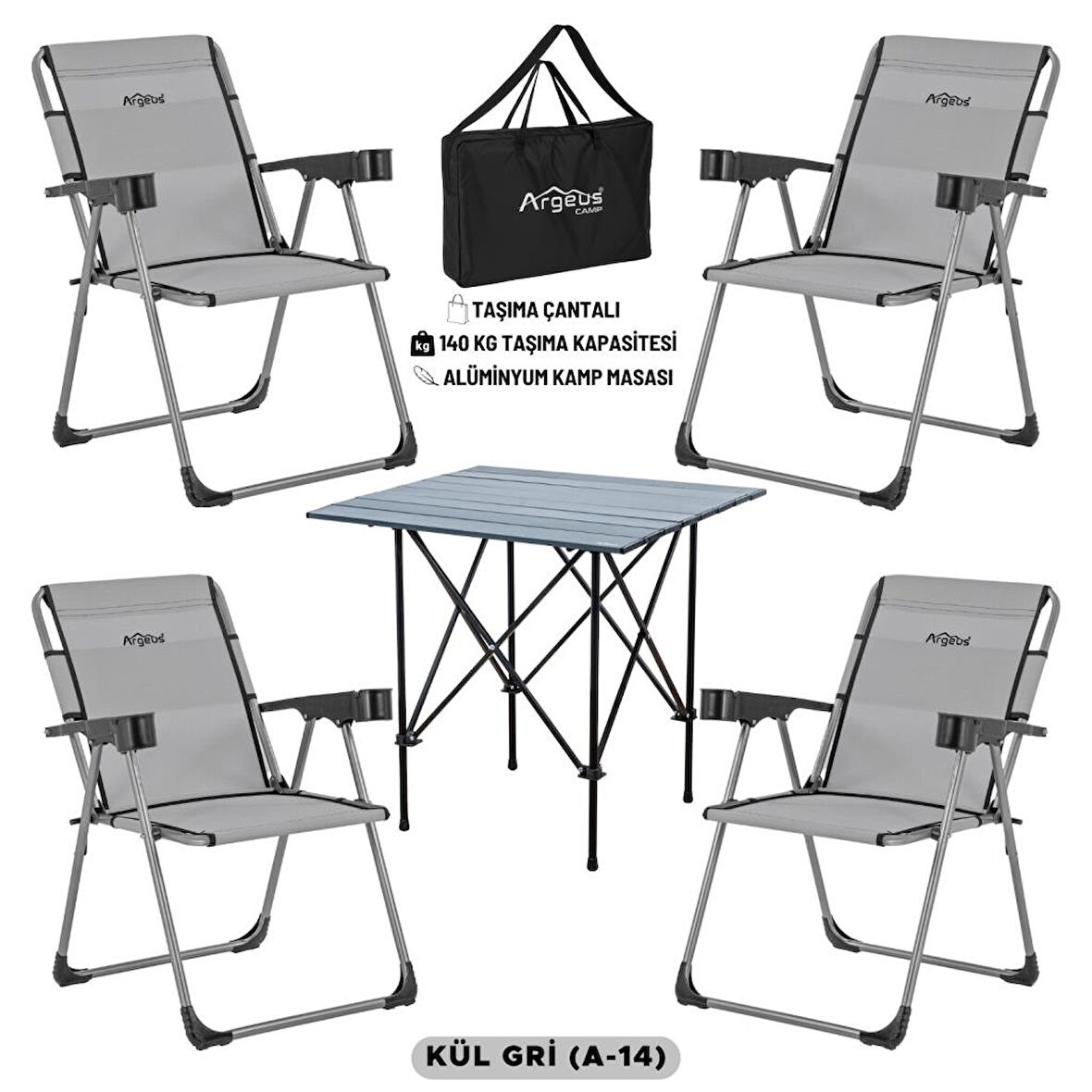 4 Adet Katlanır Kamp Sandalyesi ve Alüminyum Masa Seti - Rock Dark - Kül Gri - Taşıma Çantalı