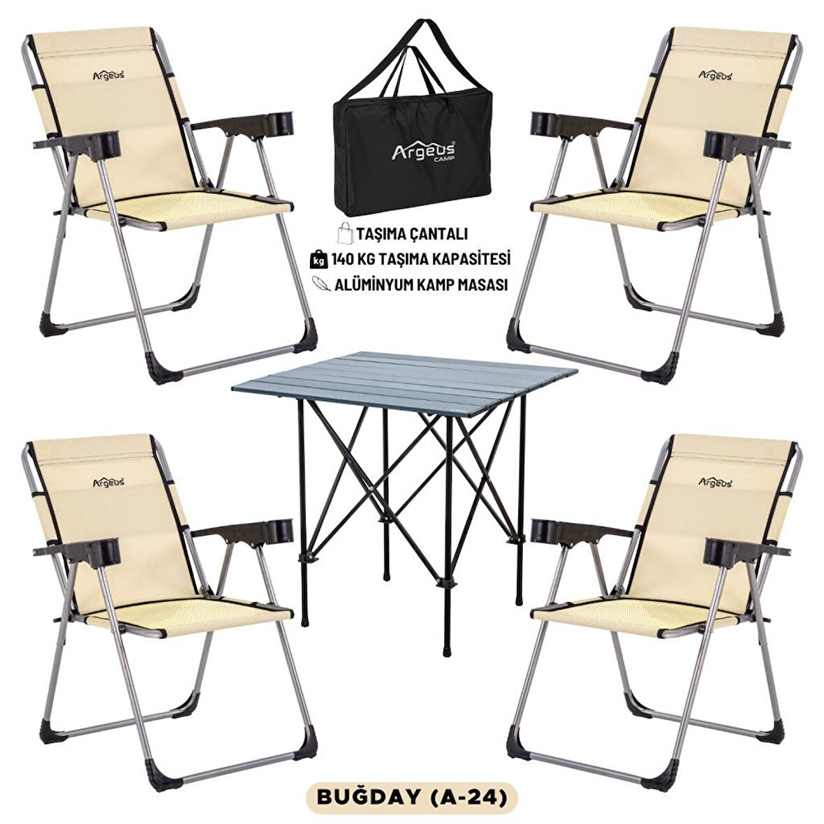 4 Adet Katlanır Kamp Sandalyesi ve Alüminyum Masa Seti - Rock Dark - Buğday - Taşıma Çantalı