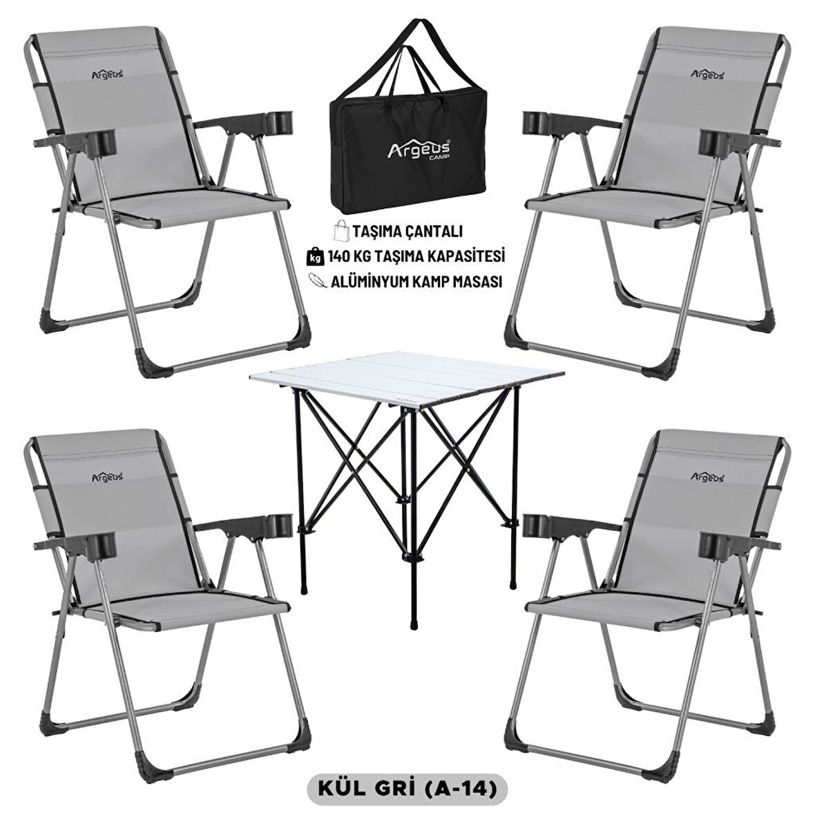 4 Adet Katlanır Kamp Sandalyesi ve Alüminyum Masa Seti - Rock Silver - Kül Gri - Taşıma Çantalı