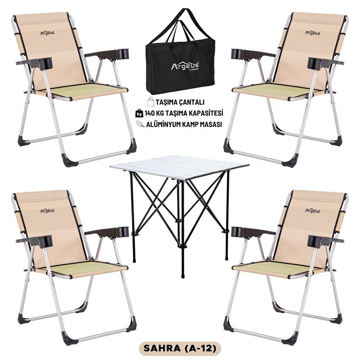 4 Adet Katlanır Kamp Sandalyesi ve Alüminyum Masa Seti - Rock Silver - Sahra - Taşıma Çantalı