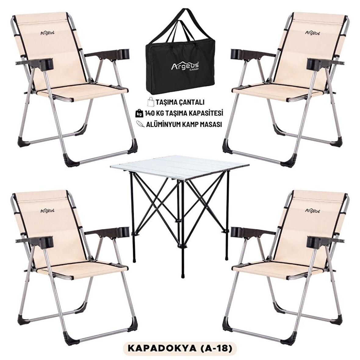 4 Adet Katlanır Kamp Sandalyesi ve Alüminyum Masa Seti - Rock Silver - Kapadokya - Taşıma Çantalı