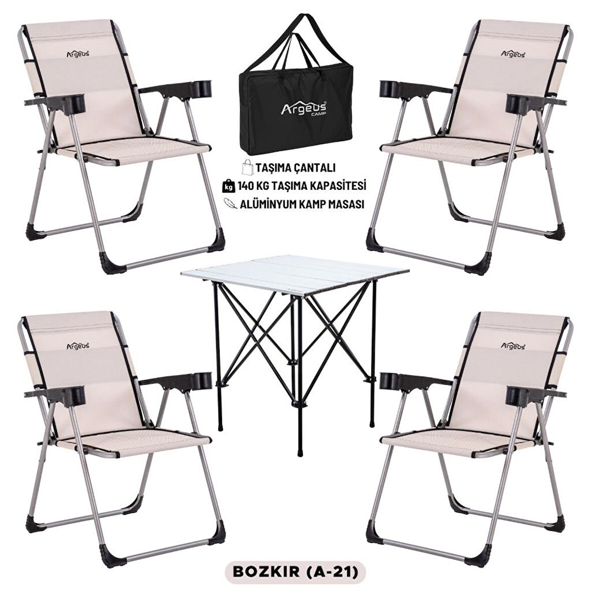 4 Adet Katlanır Kamp Sandalyesi ve Alüminyum Masa Seti - Rock Silver - Bozkır - Taşıma Çantalı