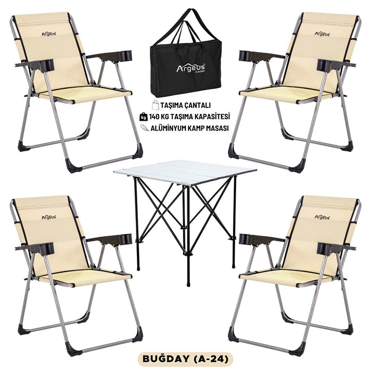 4 Adet Katlanır Kamp Sandalyesi ve Alüminyum Masa Seti - Rock Silver - Buğday - Taşıma Çantalı