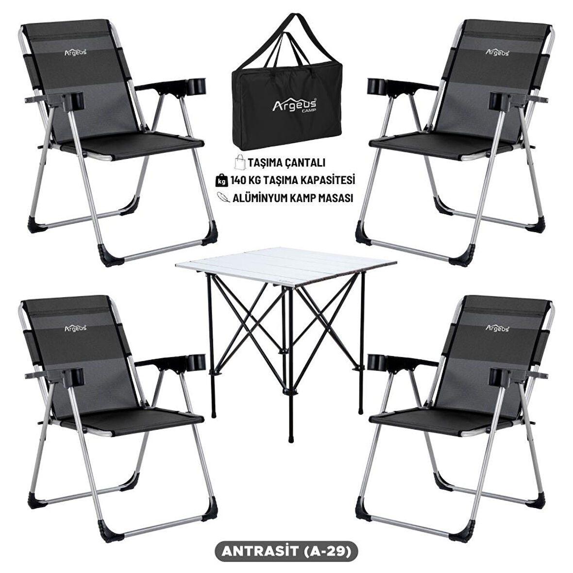 4 Adet Katlanır Kamp Sandalyesi ve Alüminyum Masa Seti - Rock Silver - Antrasit - Taşıma Çantalı