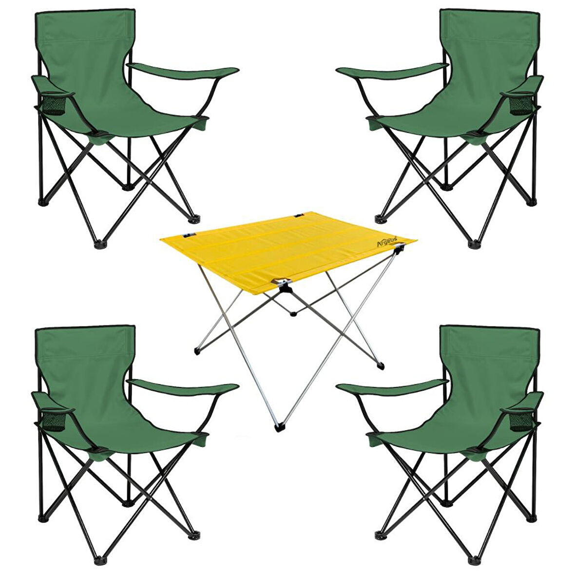 4 Adet Katlanır Kamp Sandalyesi ve Masa Seti - (DY.001) - Haki/Sarı - Plaj Sandalyesi