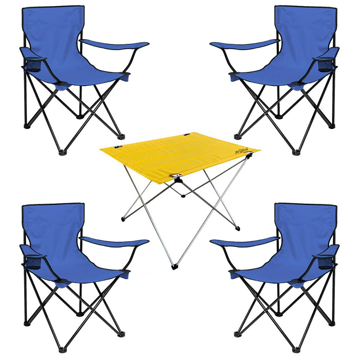 4 Adet Katlanır Kamp Sandalyesi ve Masa Seti - (DY.001) - Lacivert/Sarı - Plaj Sandalyesi