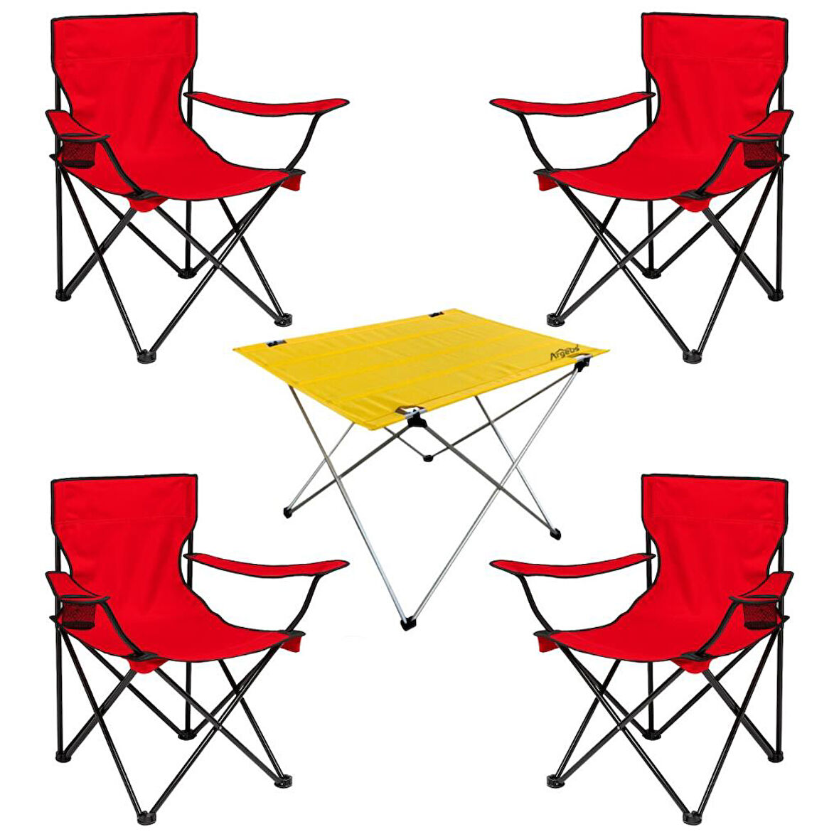 4 Adet Katlanır Kamp Sandalyesi ve Masa Seti - (DY.001) - Kırmızı/Sarı - Plaj Sandalyesi
