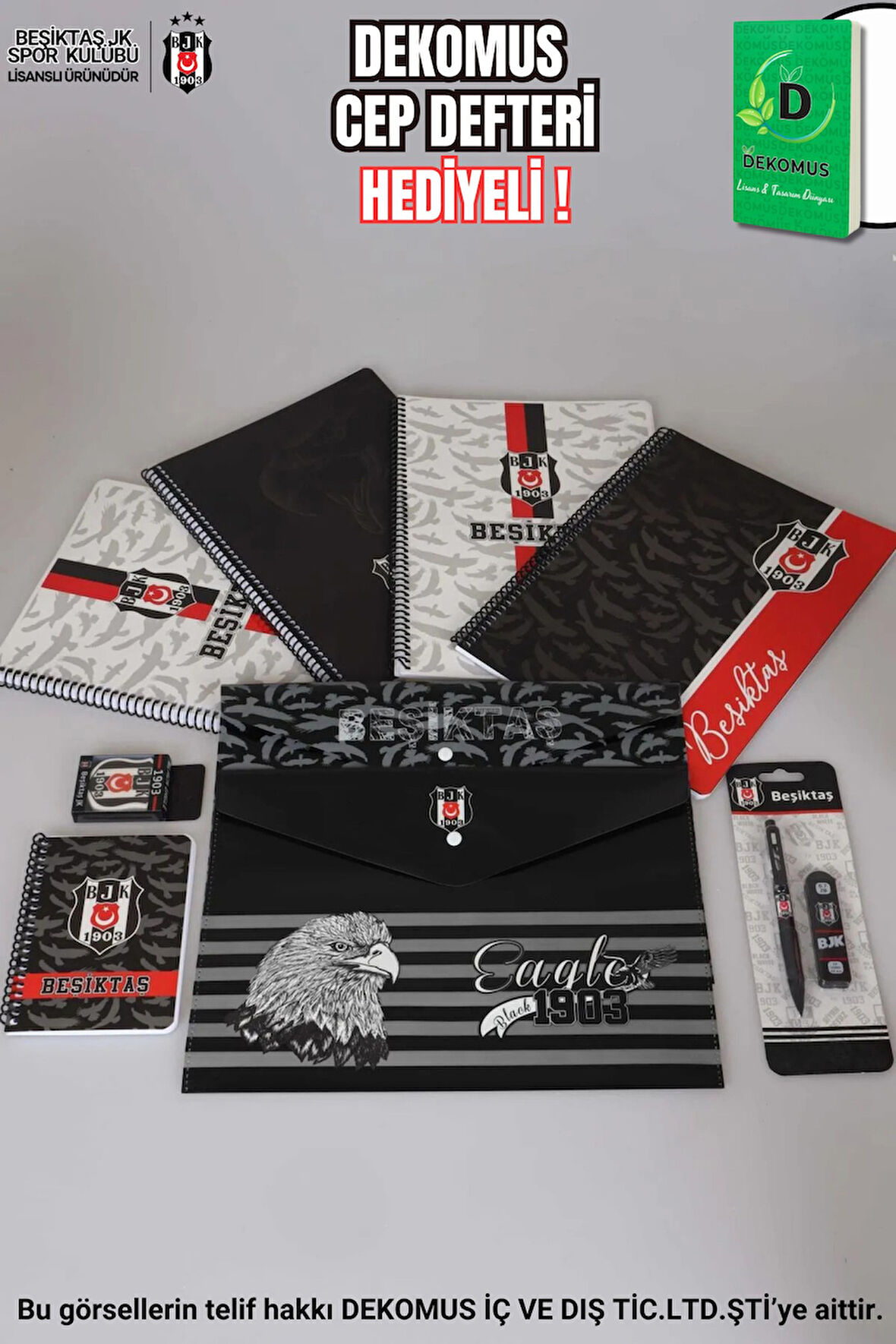"DEKOMUS CEP DEFTERİ HEDİYELİ" LİSANSLI BEŞİKTAŞ A4 SPIRALLI 2 ADET KARELİ,2 ADET ÇİZGİLİ DEFTER,LOGO SİLGİ,VERSATİL UÇLU KALEM