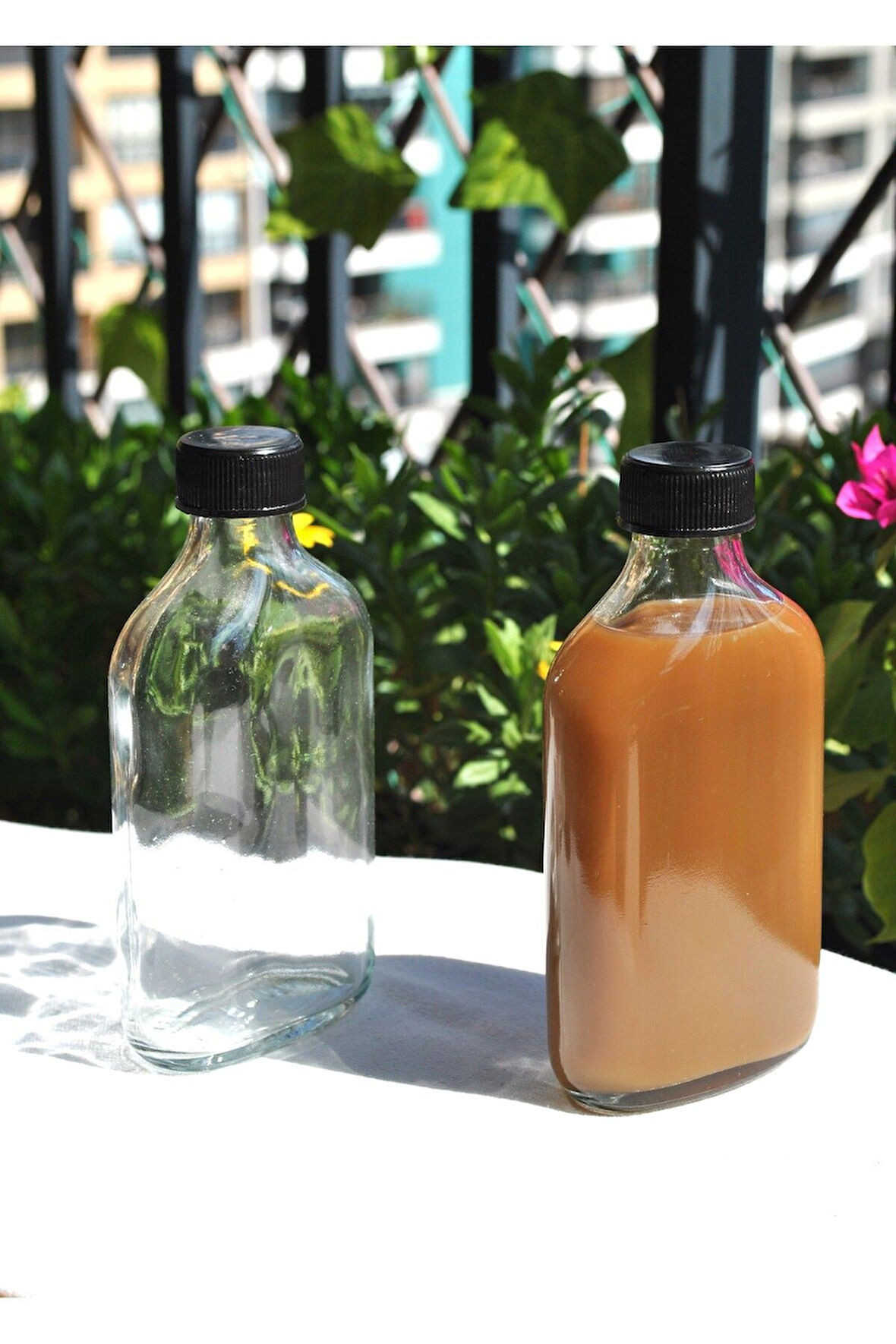 2'Li Cam Şeffaf Cold Brew Şişesi Sızdırmaz Siyah Plastik Kapaklı 200 Ml Yassı Şişe