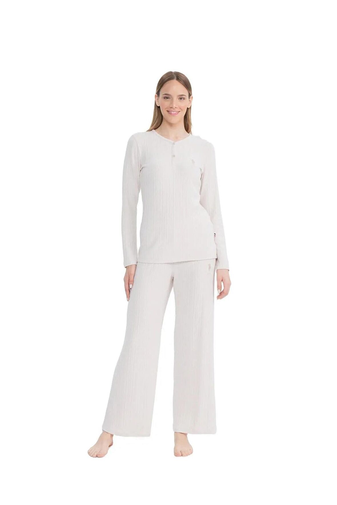 U.S. Polo Assn. Kadın Düğmeli Yaka Fitilli Uzun Kollu Pijama Takımı